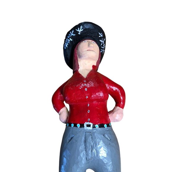 Folk Art Hand Carved Wooden Cowgirl Woman Figurine Western Black Hat Handmade - Picture 14 of 14